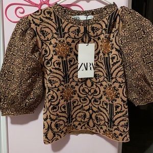 Zara Puff balloon sleeve Jacquard top shirt